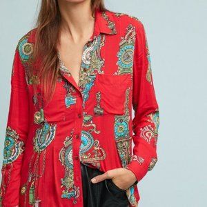 Maeve by Anthropologie Women Size 2 Button Down Shirt Top Whimsy Red Clock Print